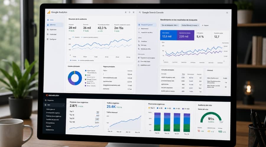 Estrategia de posicionamiento SEO con análisis de tráfico orgánico y palabras clave
